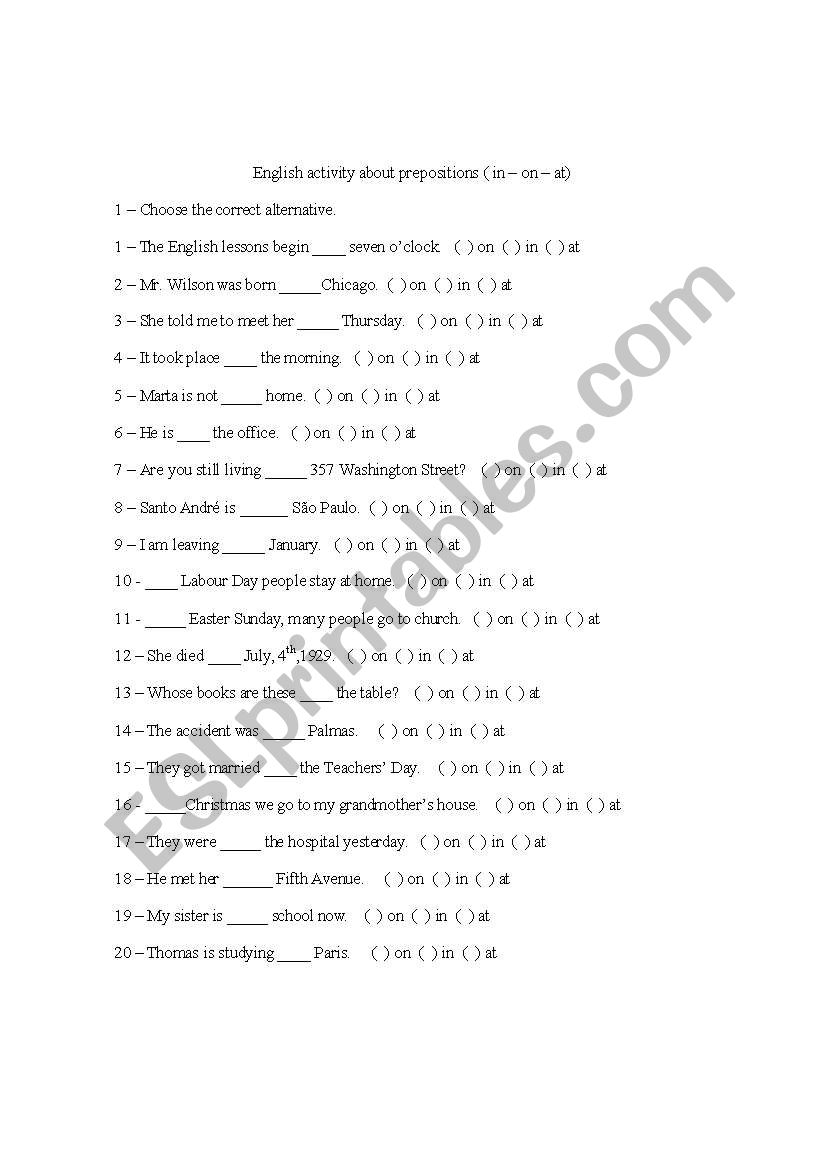 Prepositions: in - on - at worksheet