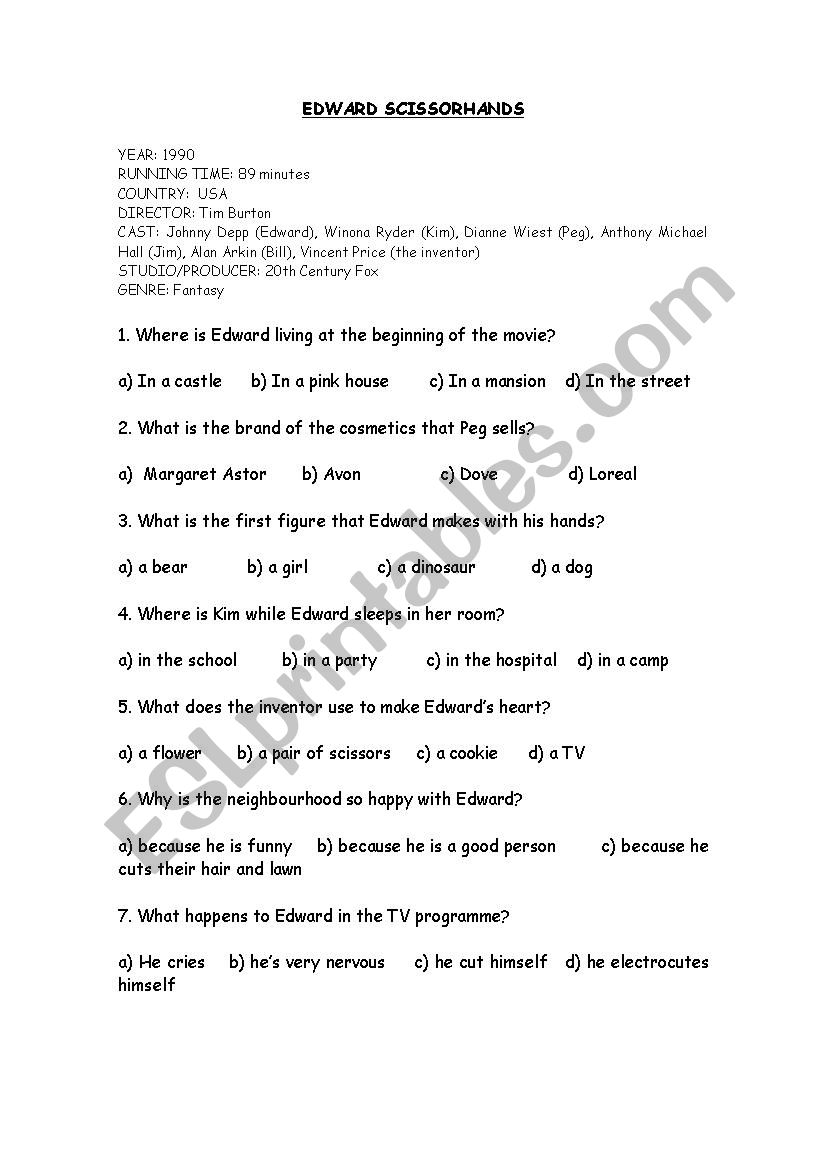 Edward Scissorhands quiz worksheet