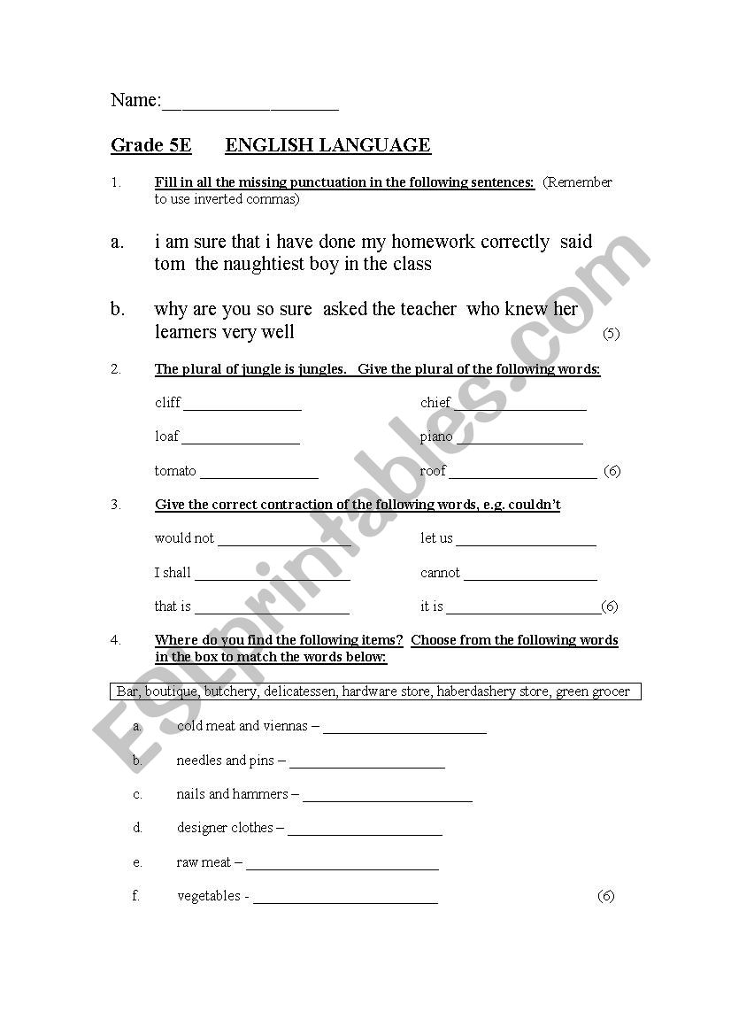 Grammar test worksheet