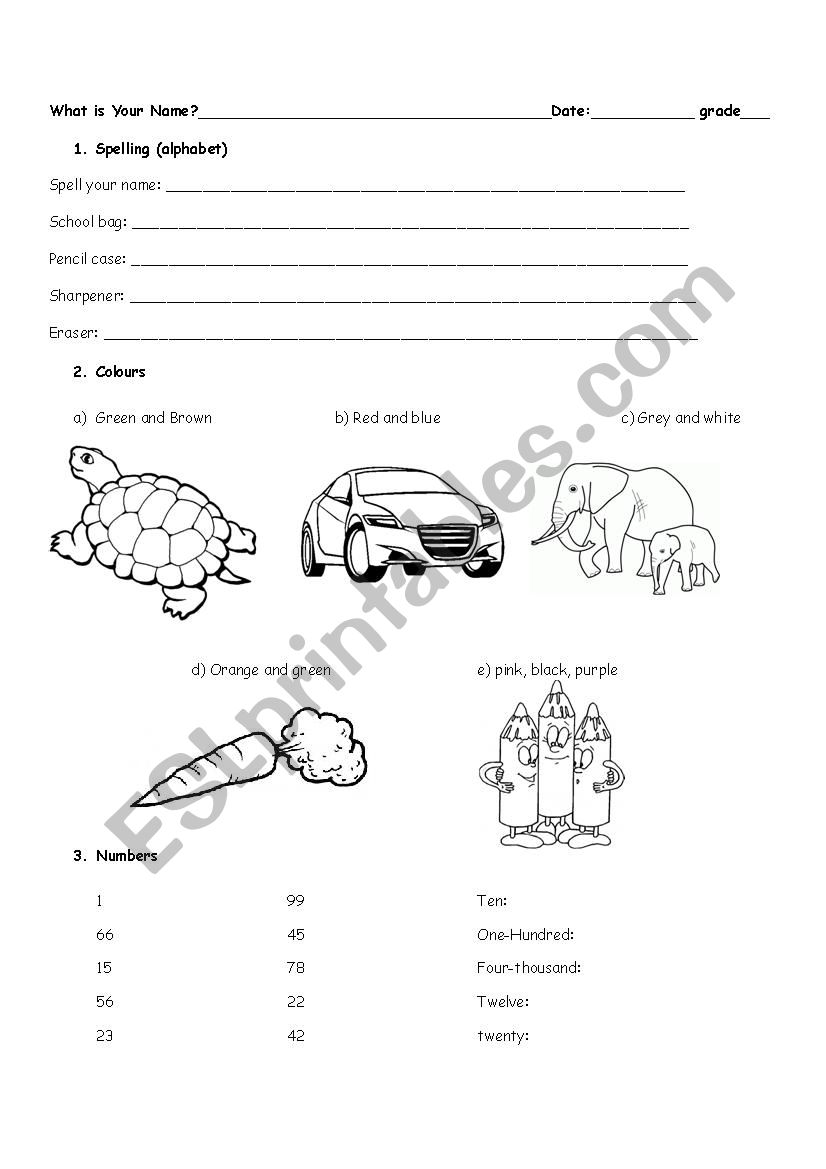 the alphabet, colours, numbers exam