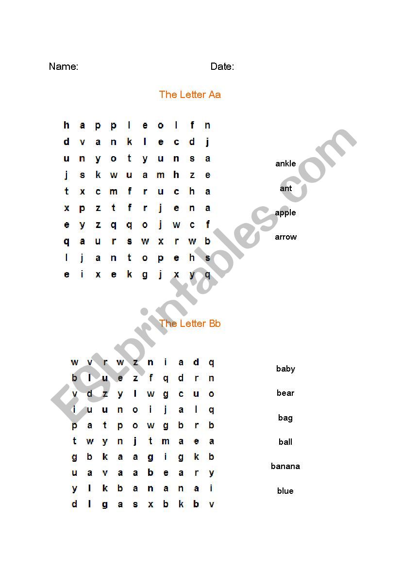 word search the letter a and b