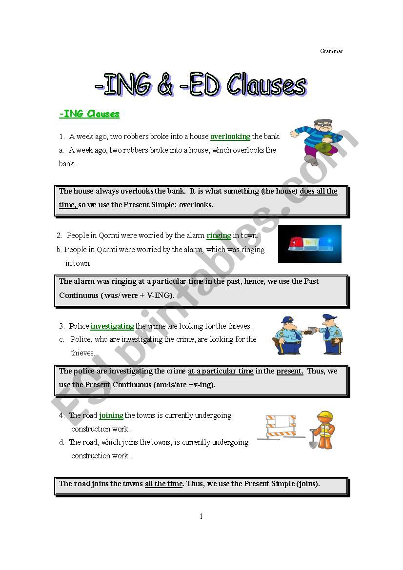 -ING and -ED Clauses worksheet