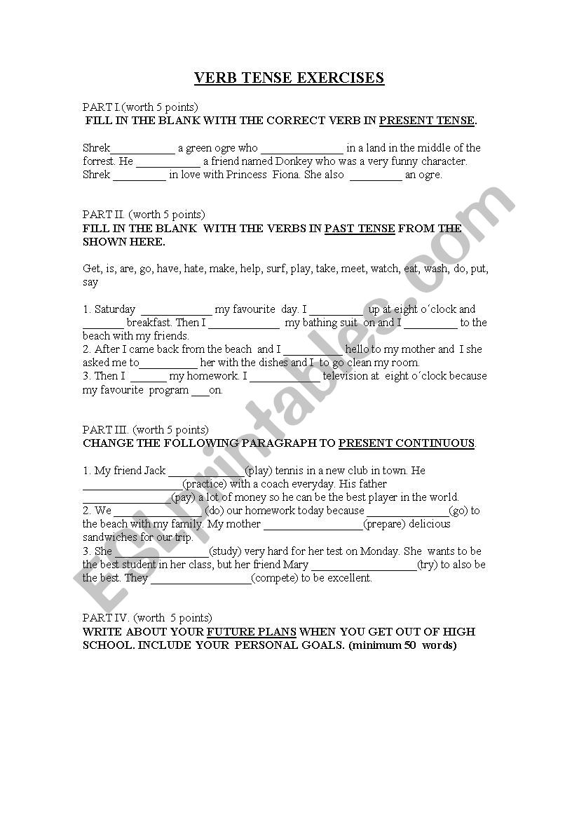 all the verb tenses  worksheet
