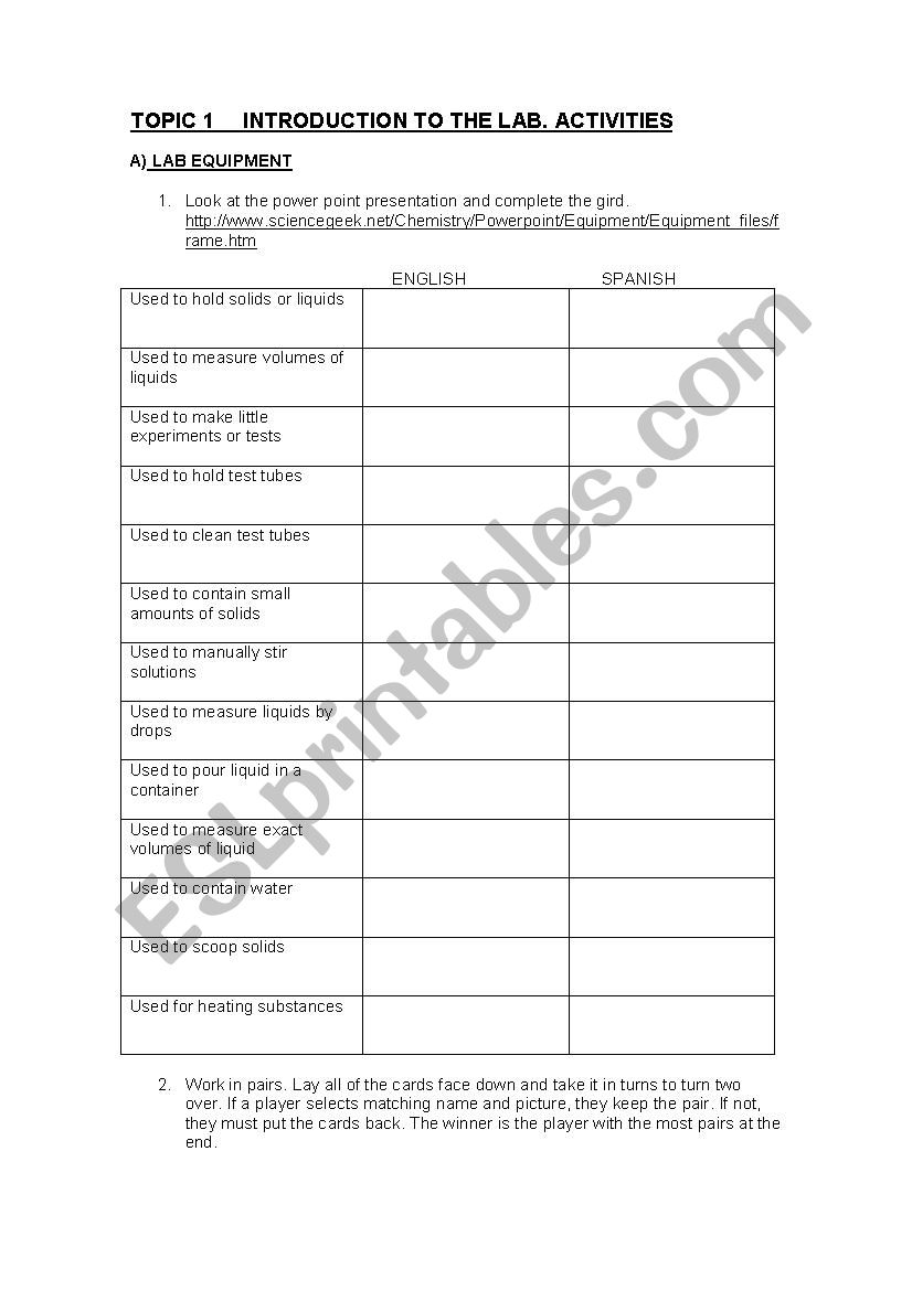 Lab Equipment worksheet