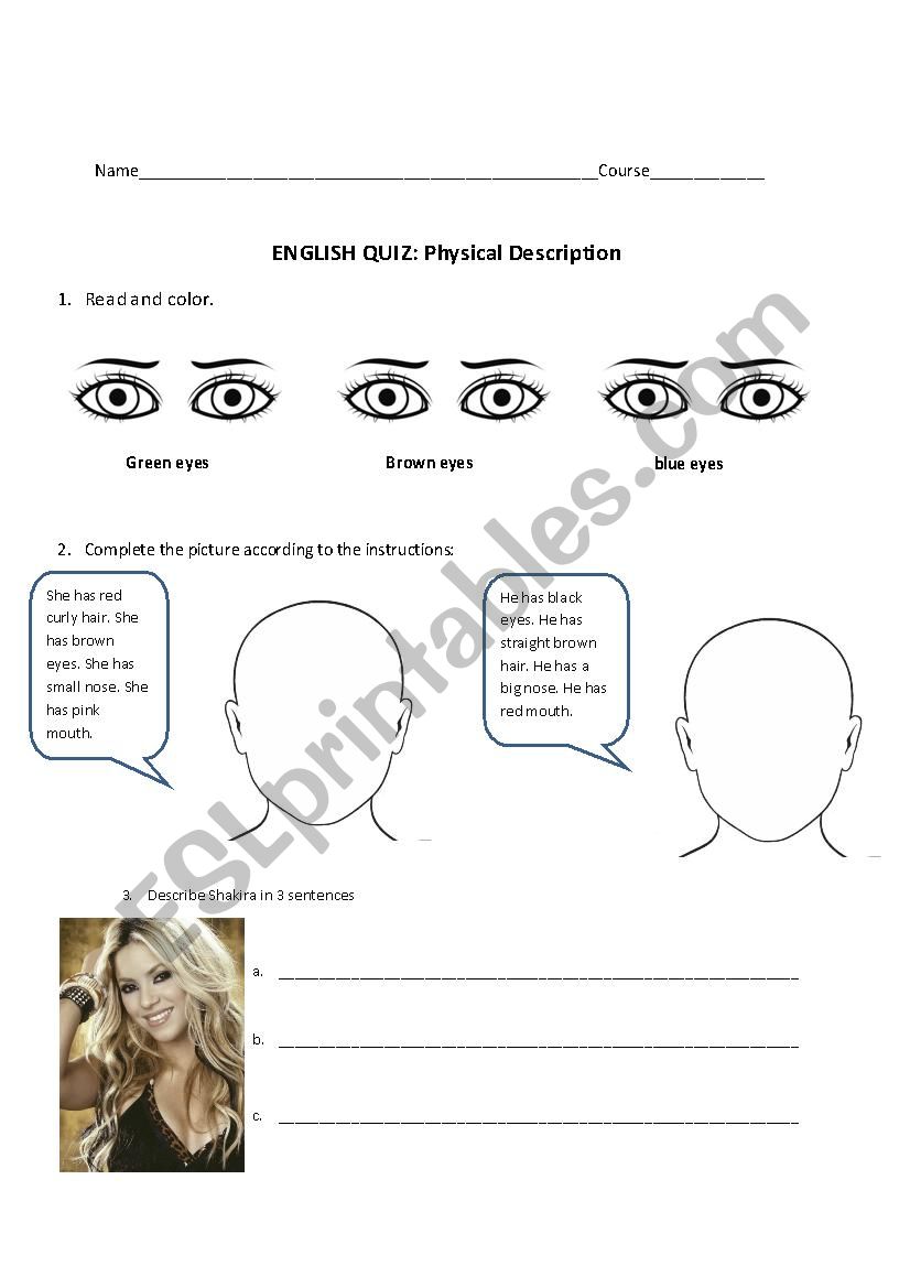 Physical descriptions test worksheet