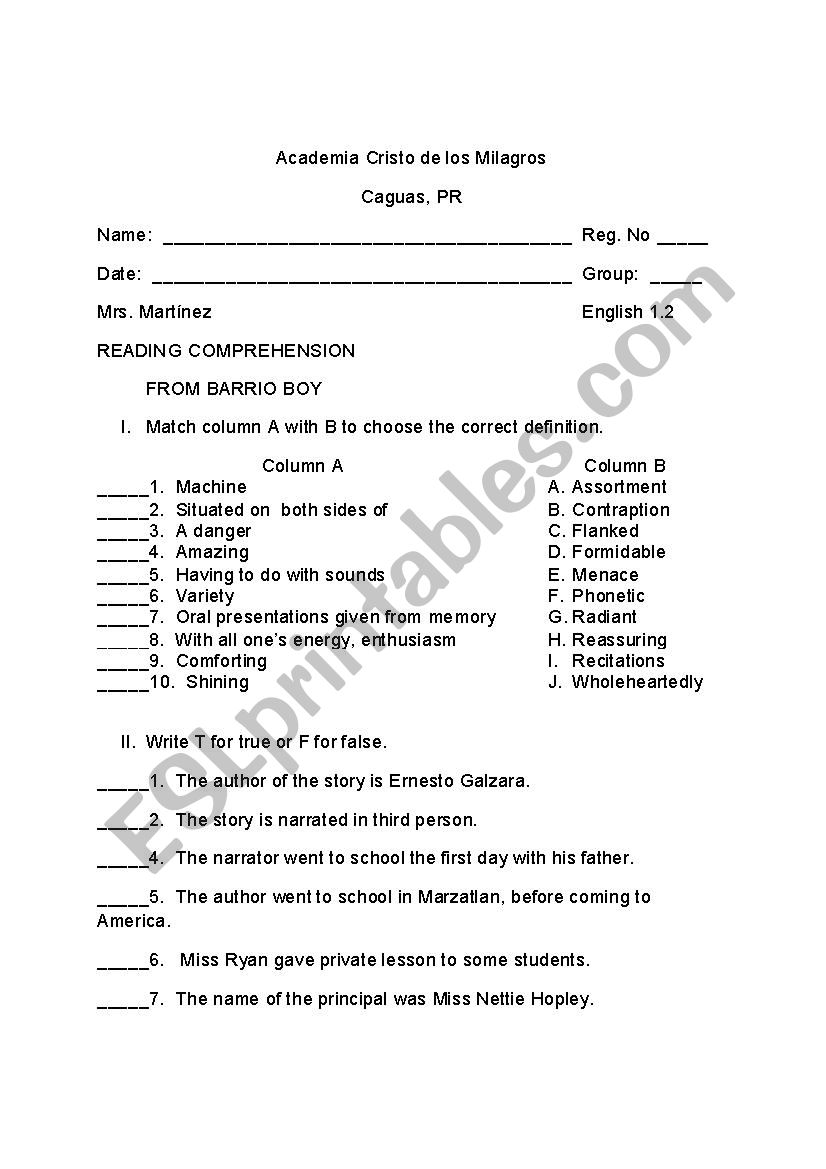 Test From barrio boy worksheet