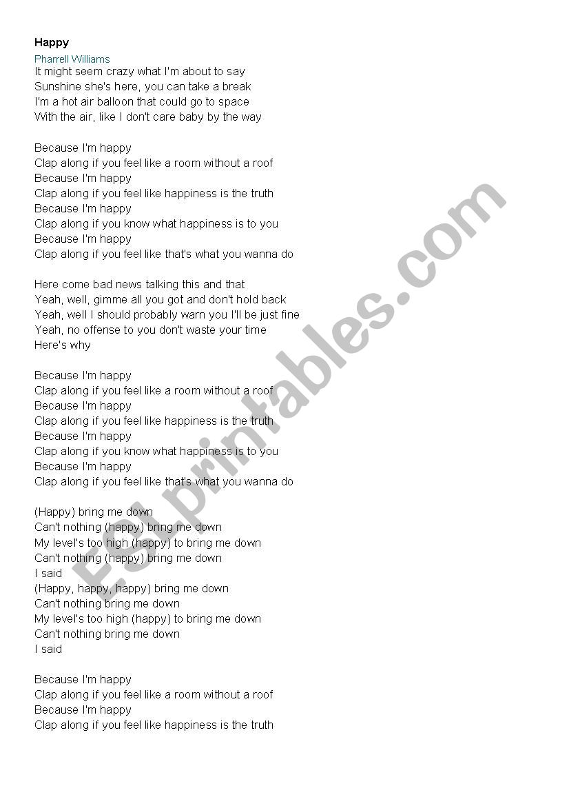 song happy worksheet