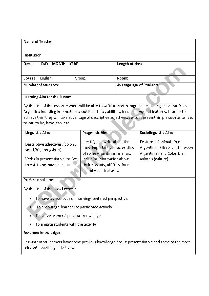 Argentinian Animals lesson plan (animal descriptions - working on the four abilities)