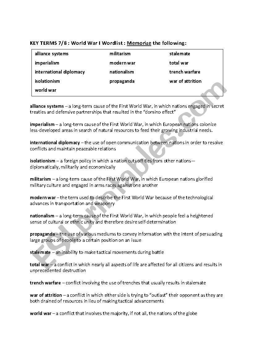 WWI Vocabulary Packet worksheet