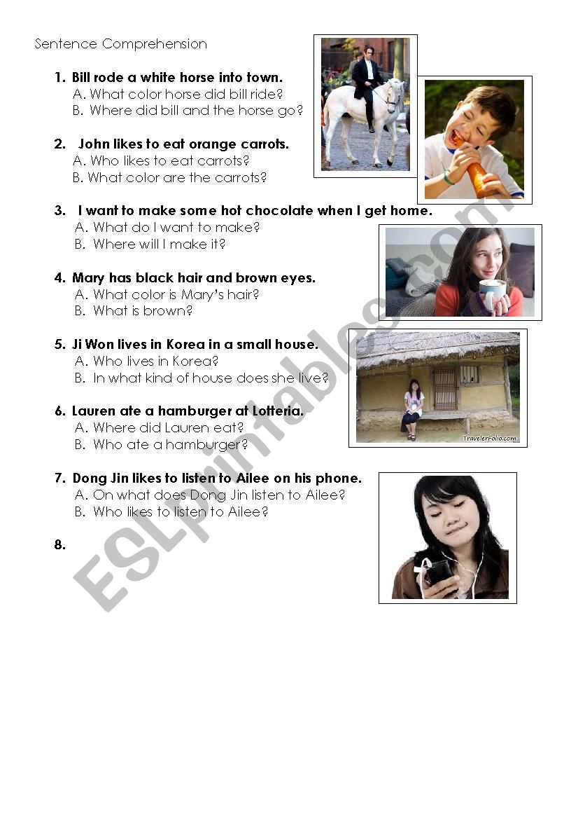 Simple Sentance Comprehension worksheet