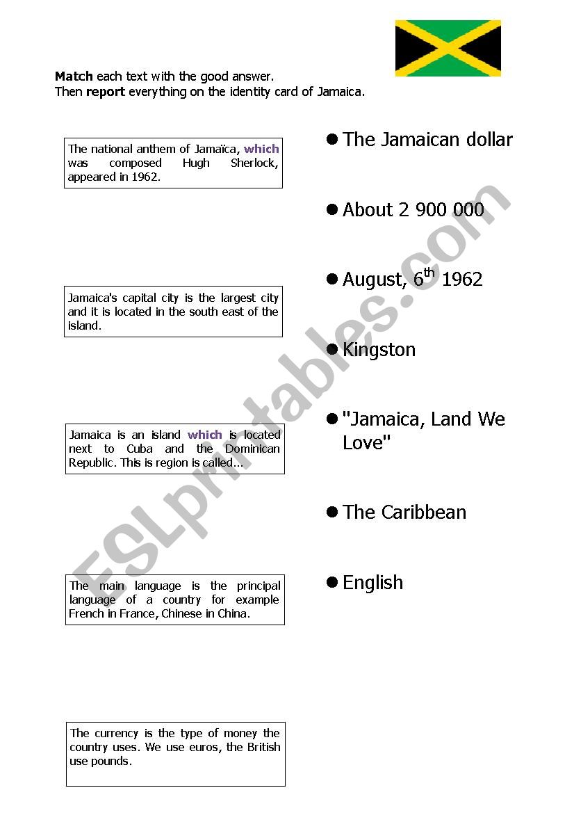 Reading comprehension matching Jamaica