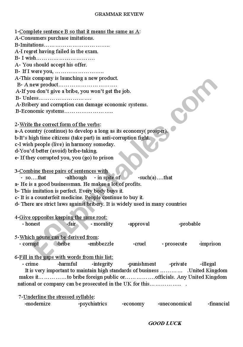 GRAMMAR REVIEW worksheet