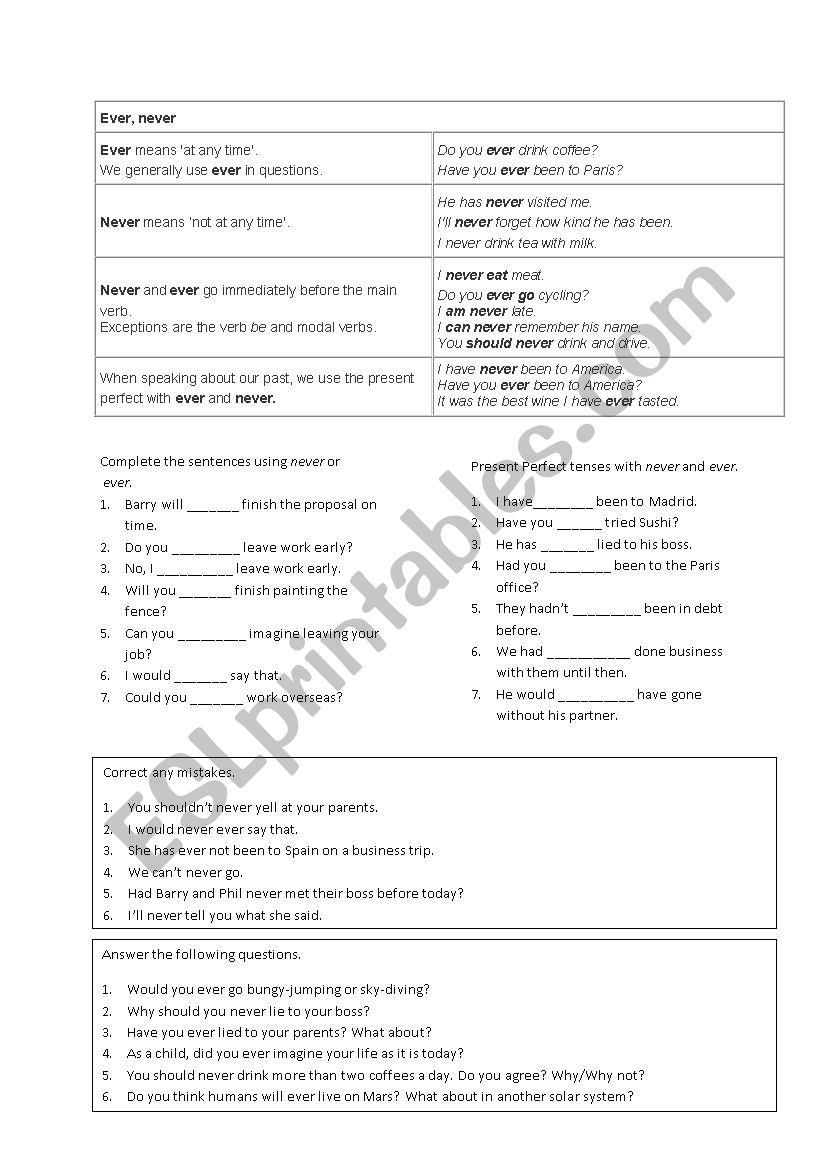Never vs Ever worksheet