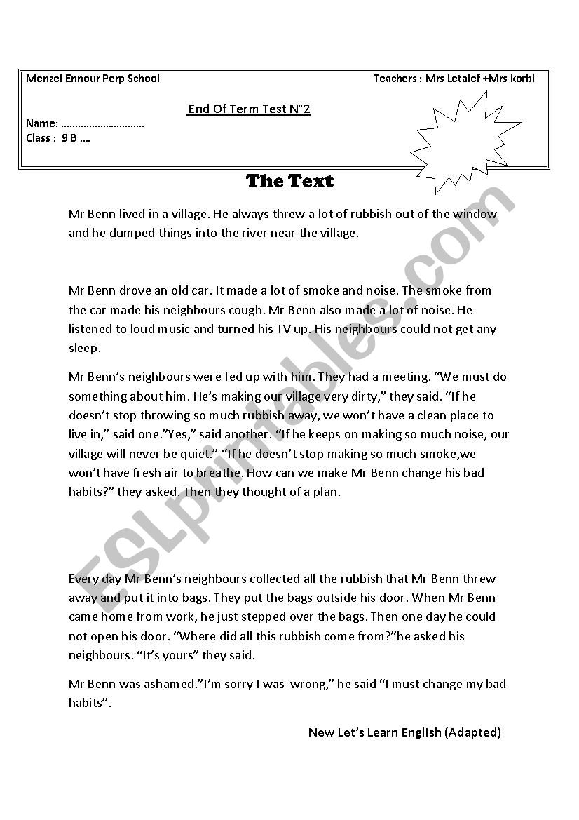 End of term yest n2 worksheet