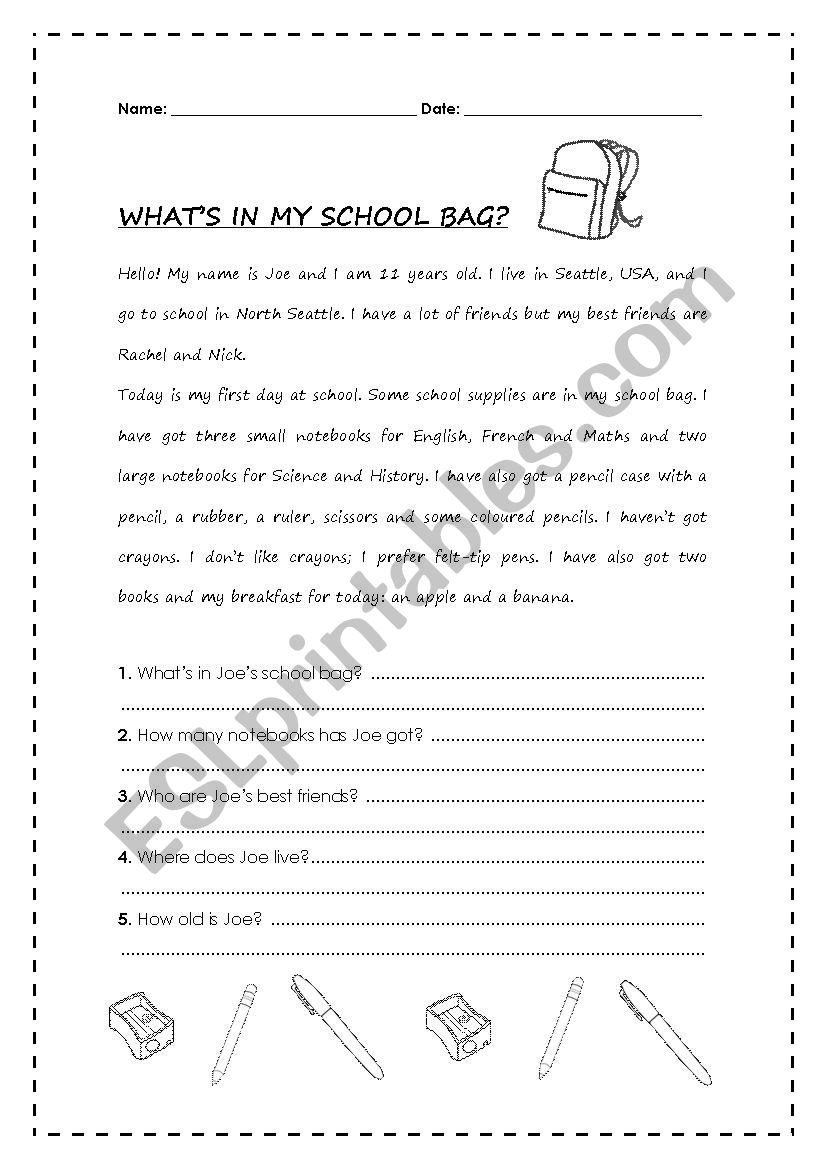 Whats in my school bag? worksheet