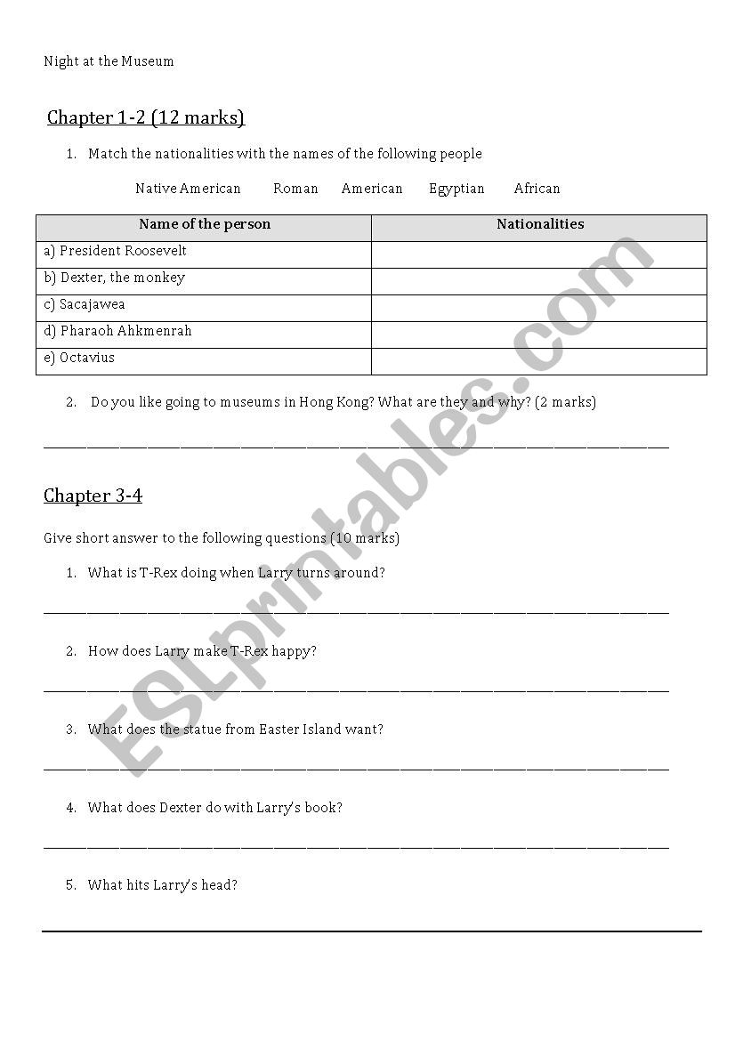 Night at the Museum _ Reader worksheet