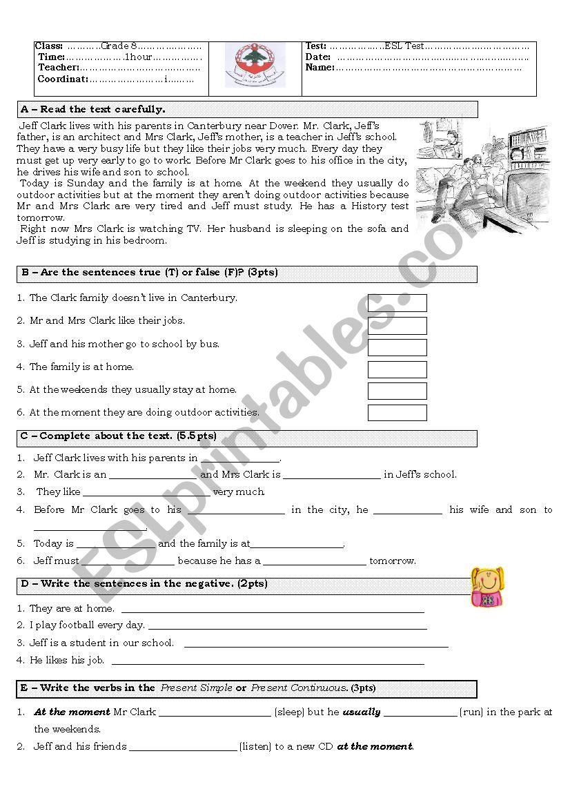 Grade 8 ESL test worksheet