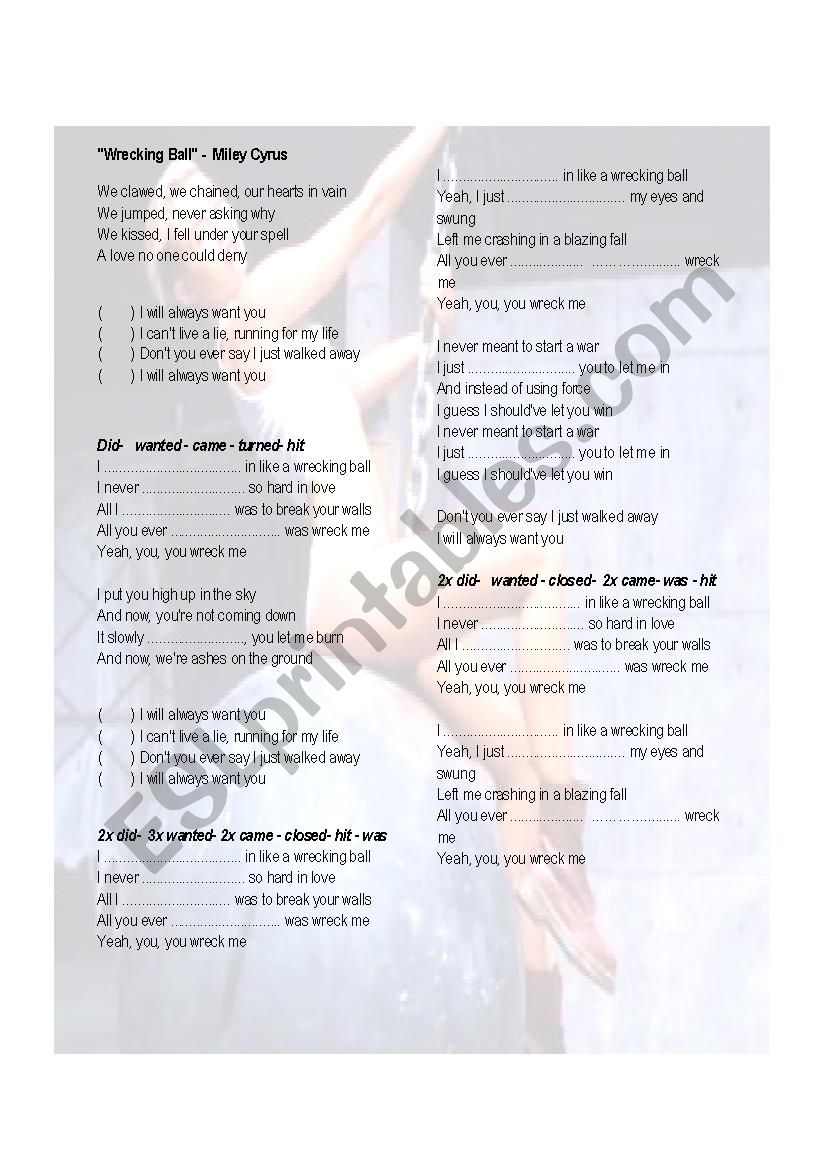 Wrecking Ball - Miley Cyrus worksheet