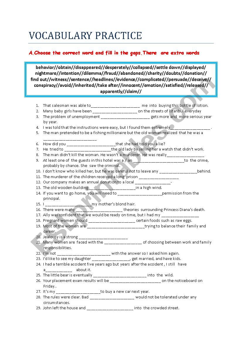 VOCABULARY PRACTICE worksheet