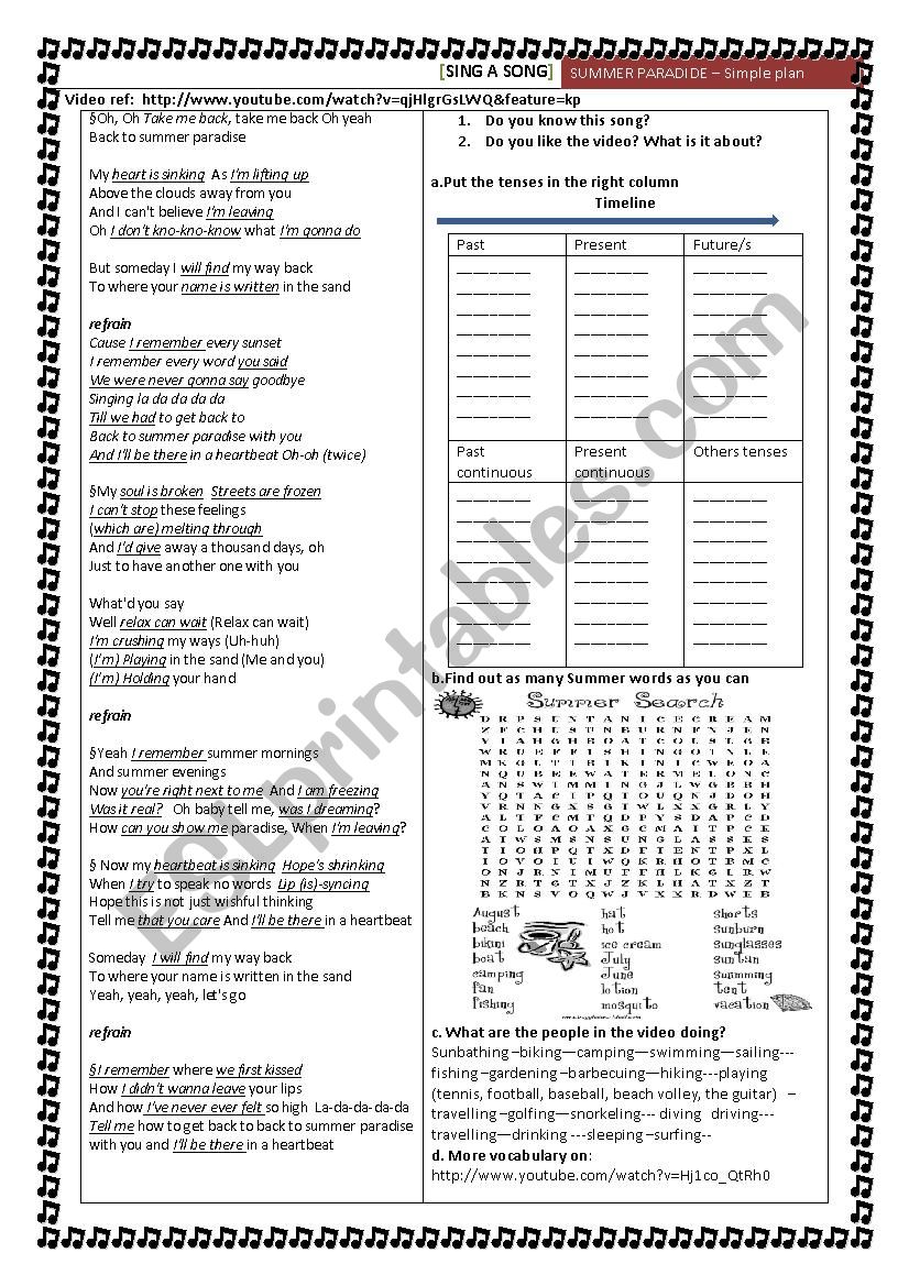 sing a song: summer paradise worksheet