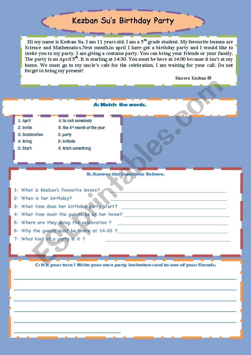 Birthday Party worksheet