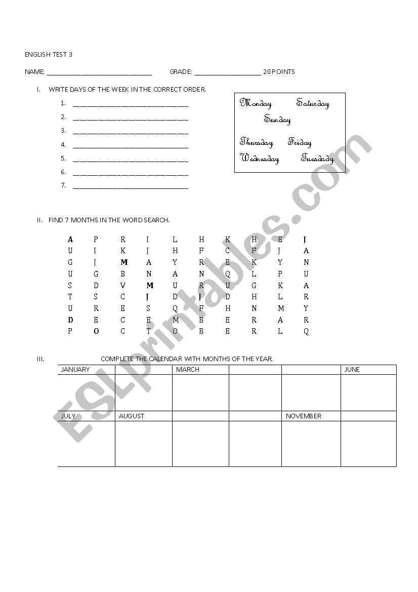 months  worksheet