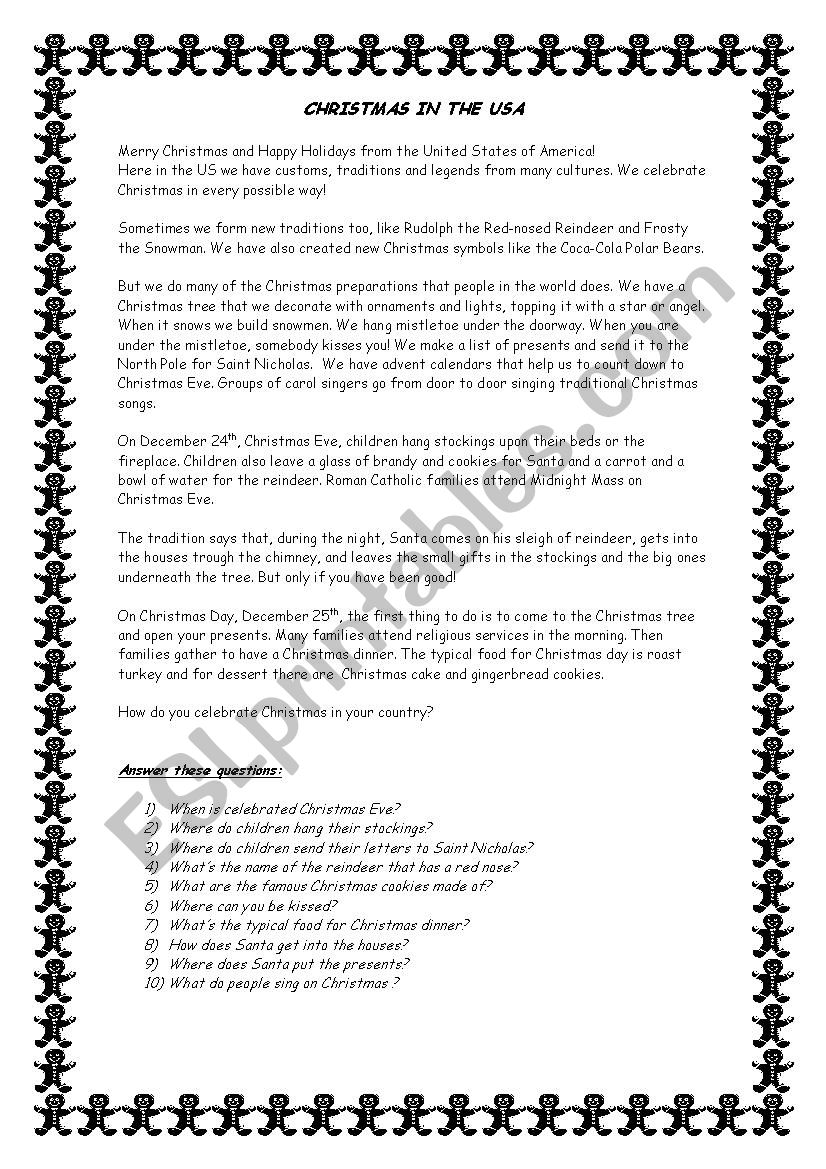 christmas in the USA worksheet