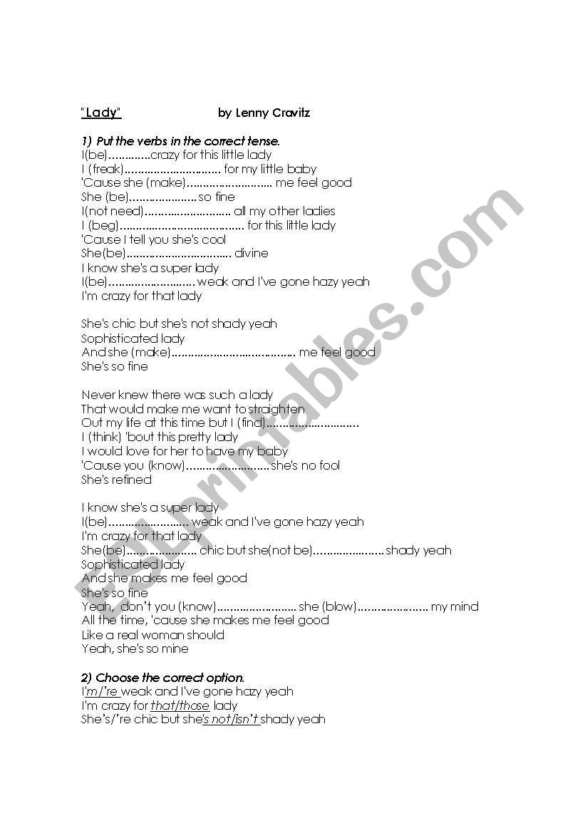 Song and practise worksheet: Lady by Lenny Cavitz
