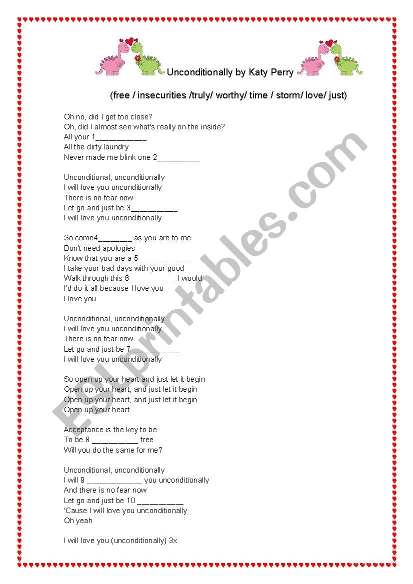 Unconditionally by Katy Perry worksheet