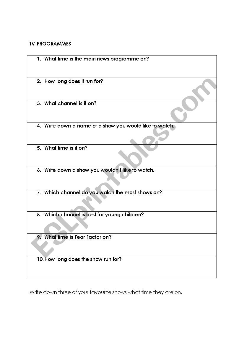 TV Programme Questions worksheet