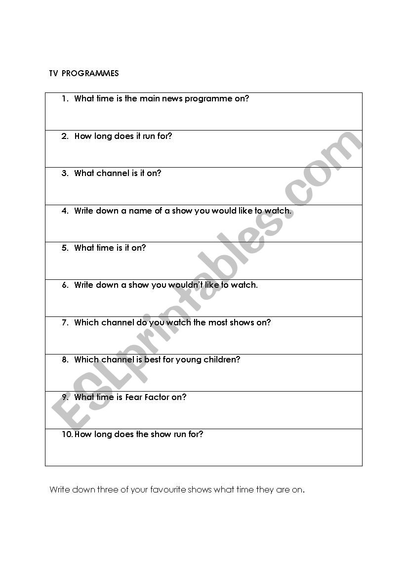 TV Programme Questions - ESL worksheet by kepatterson