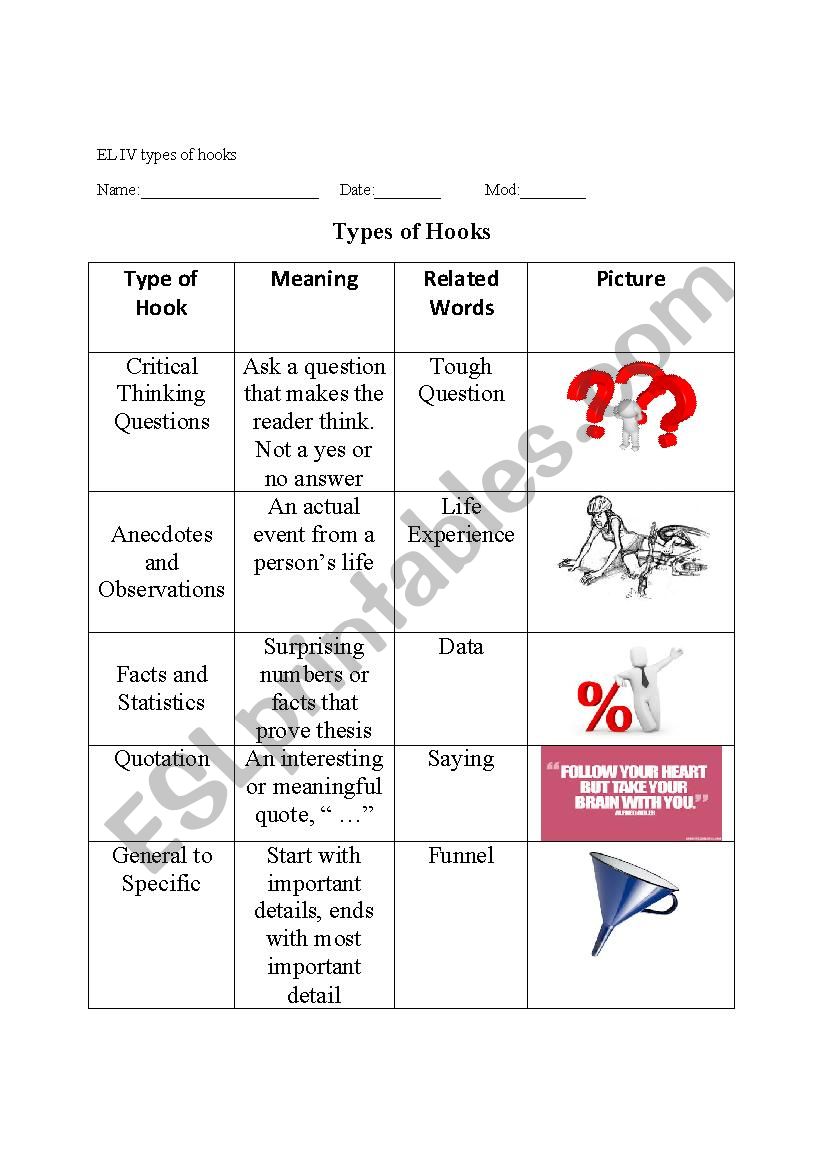 Writing Hooks and Introductions: Definitions with Pictures - ESL worksheet  by sean.nartiff