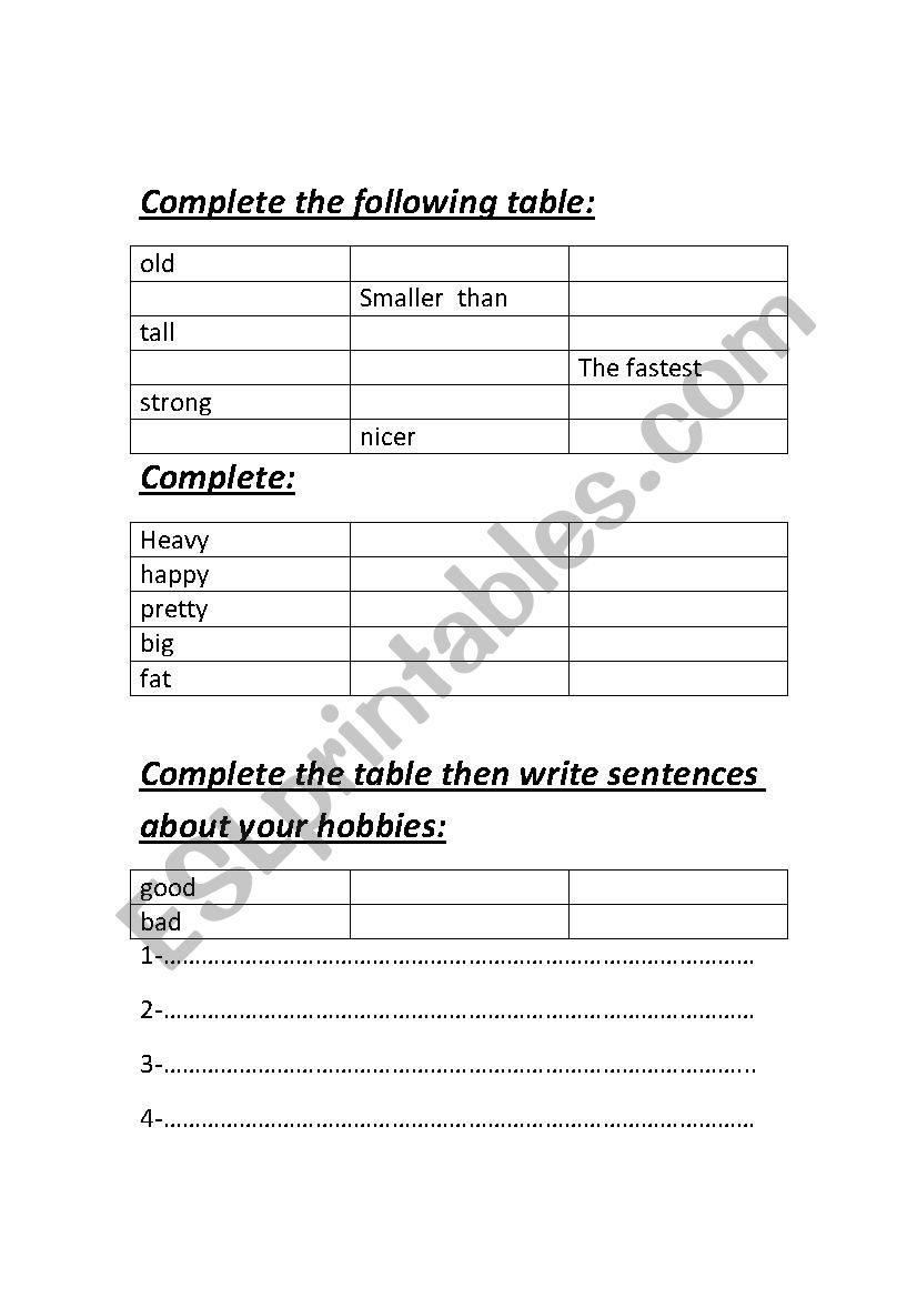 comparative worksheet