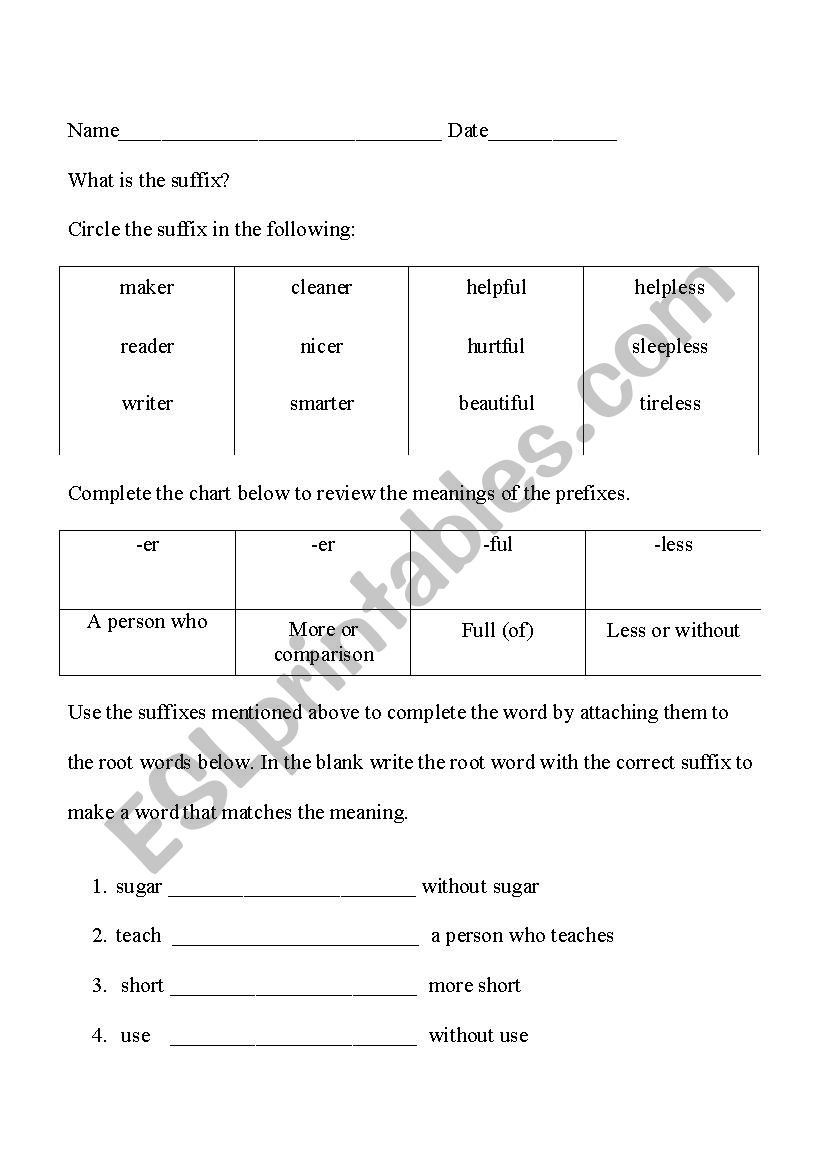 Suffixes -er, -er, -ful and -less