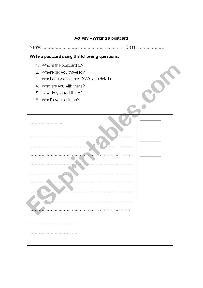 Writing a postcard worksheet