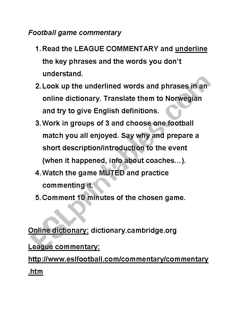 Football match commentary worksheet
