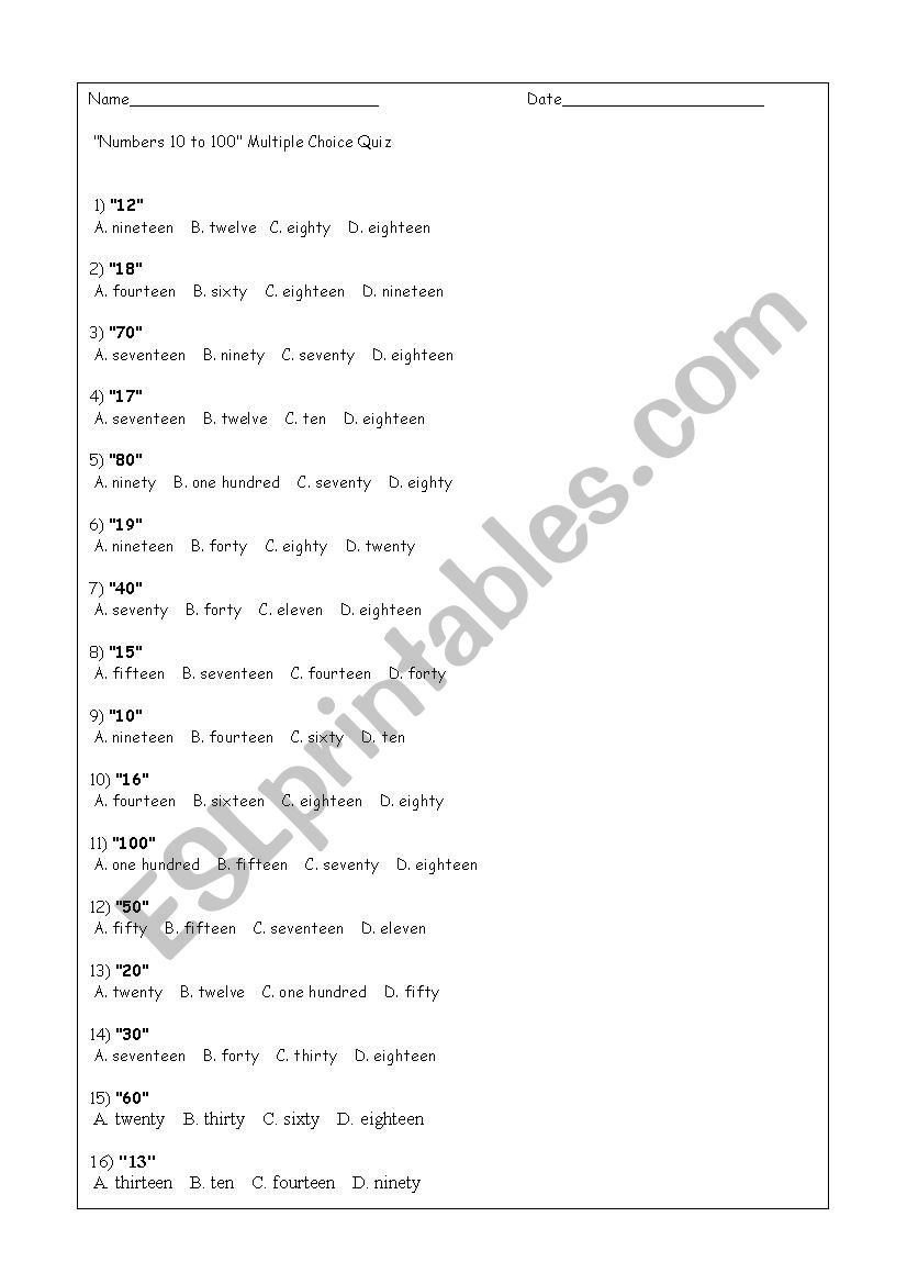 Numbers 1-100 worksheet