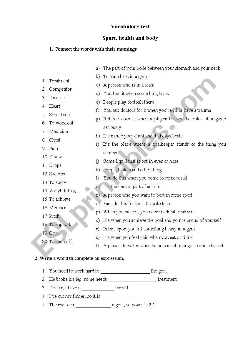 health and sports vocabulary test