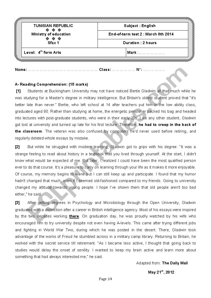 End-of-term test 2 - 4th form Arts ( Tunisian Schools )