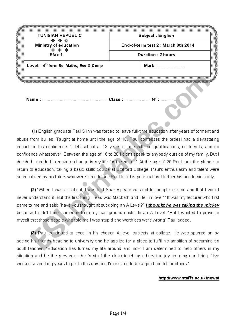 End-of-term test 2 - 4th form Sc , Maths , Eco & Computer sciences ( Tunisian Schools )