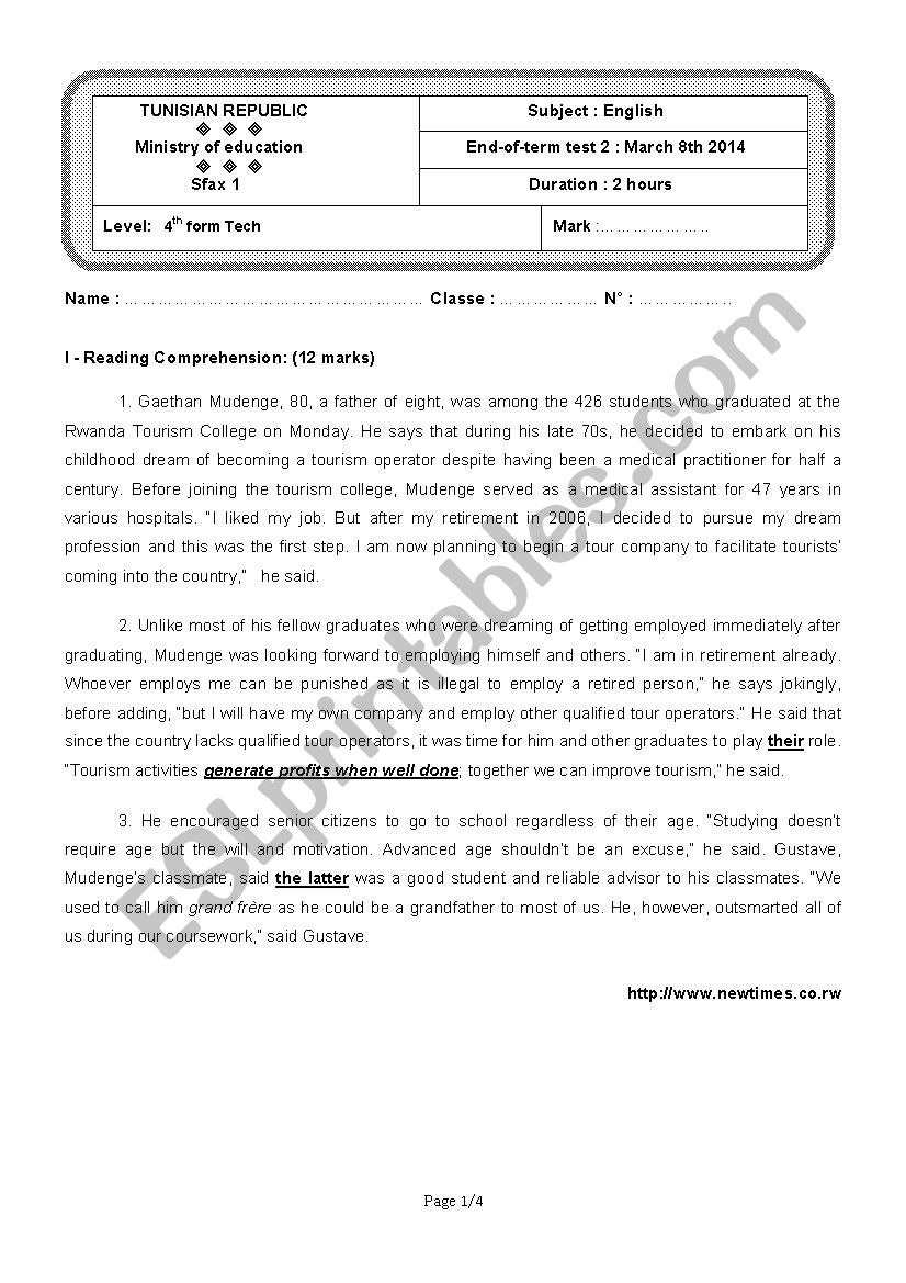 End-of-term test 2 - 4th form Tech ( Tunisian Schools )