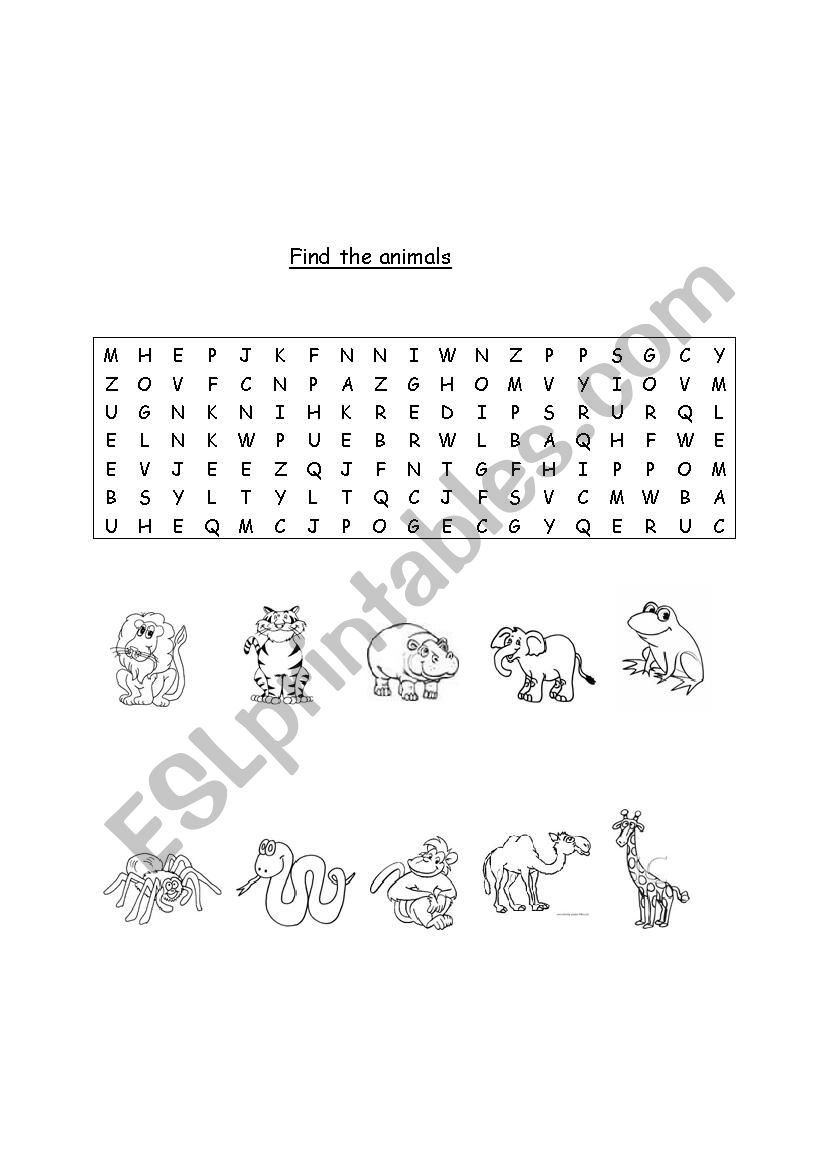 Animals - wordsearch worksheet