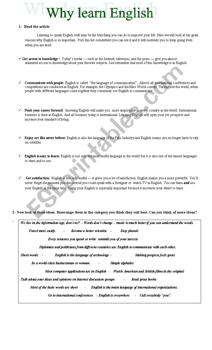 Why learn English? worksheet