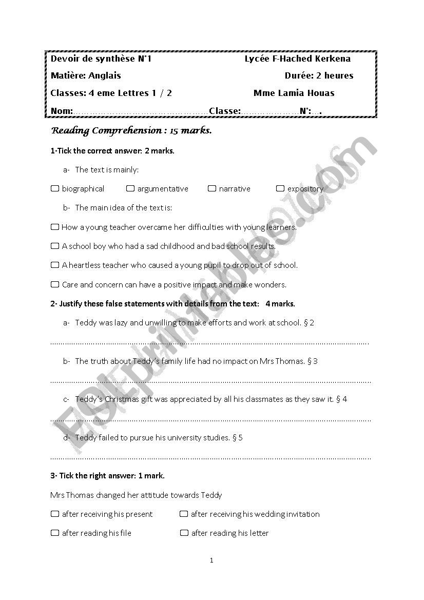 DEVOIR DE SYNTH7SE N 1 worksheet