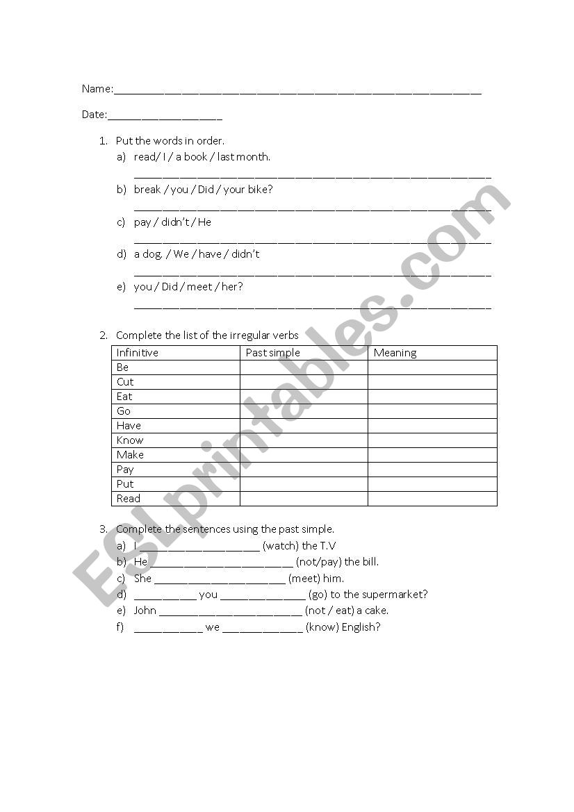 Past simple worksheet