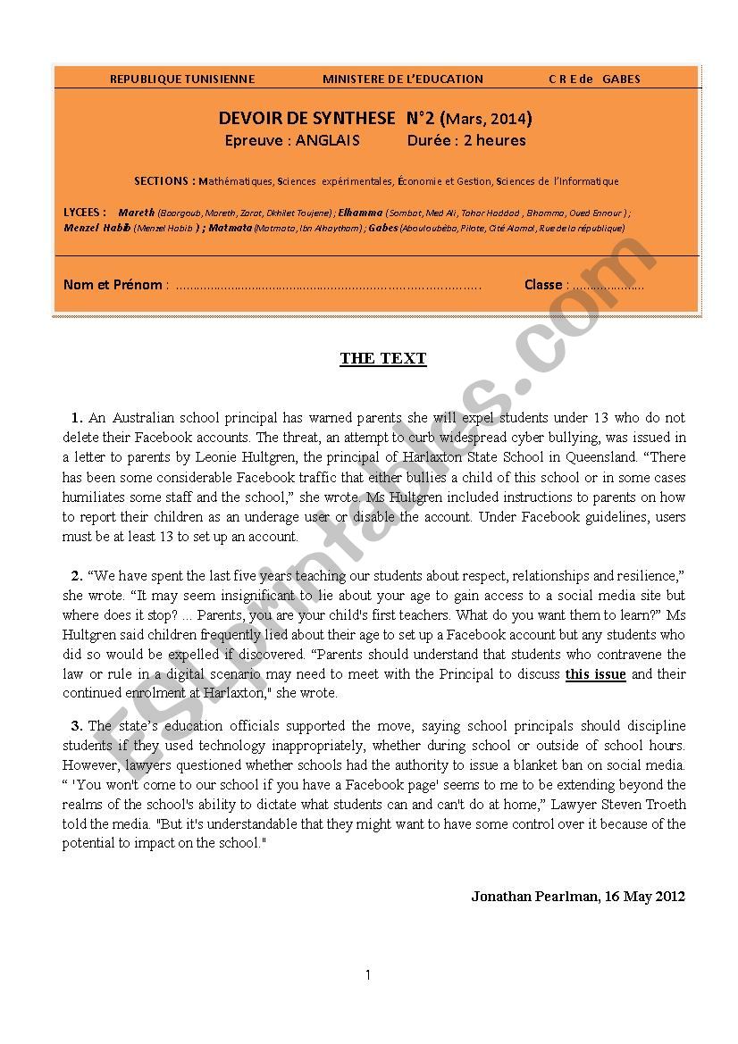 Tunisien Bac  Exam NÂ°2  :  with correction