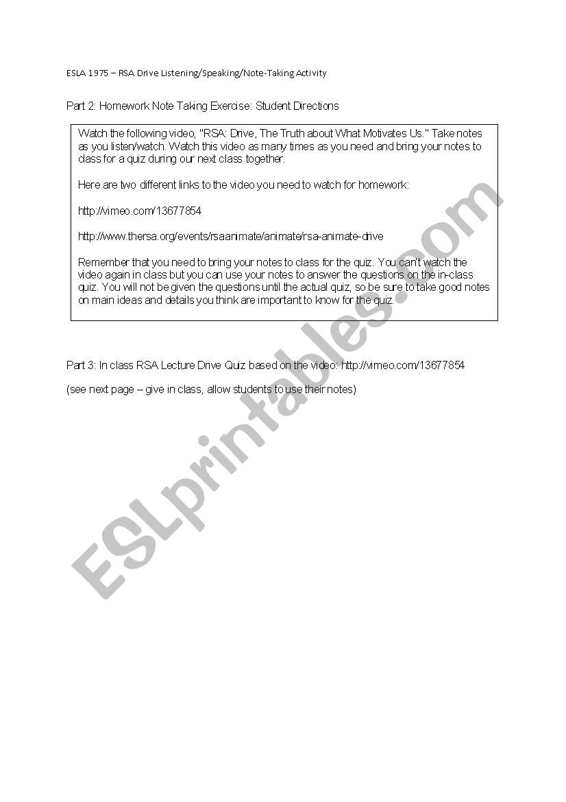 RSA: Drive, The Truth about What Motivates Us Listening and Speaking  Activity - ESL worksheet by catesby