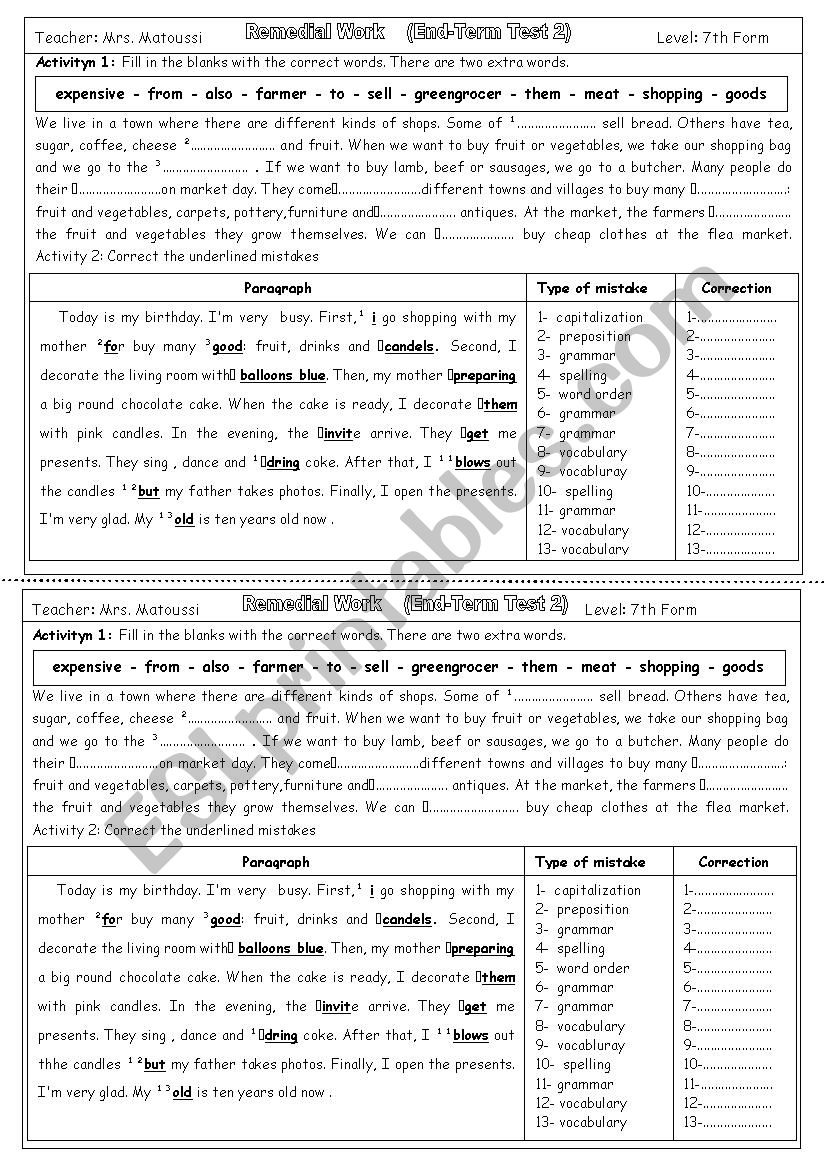 REMEDIAL WORK (end of term test 2)