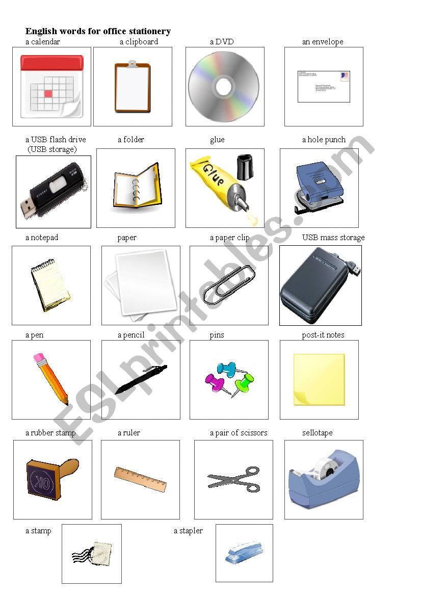 English words for office stationery