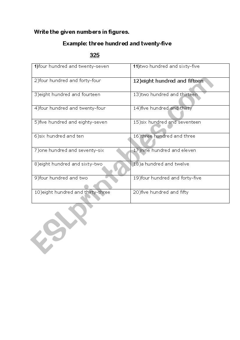 Numbers up to 1000 worksheet